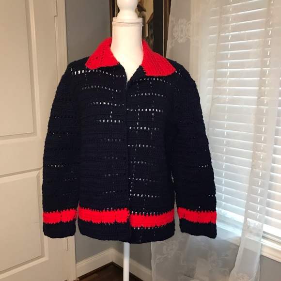 Navy Blue & Red Knit Cardigan SZ S/M - Picture 3 of 7